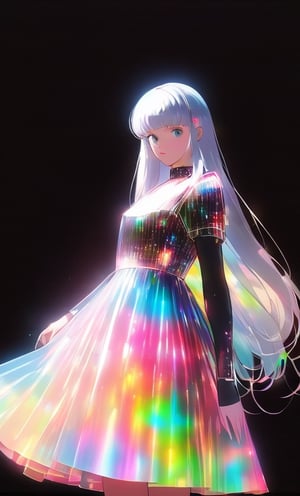 (masterpiece),(best quality), 

1girl, solo, long hair, looking at viewer, simple background, upper body, white hair, blunt bangs, lips, black background, portrait, 

hologram skirt,portrait,(dress hologram:1.2), bioluminescent liquid,Anime 