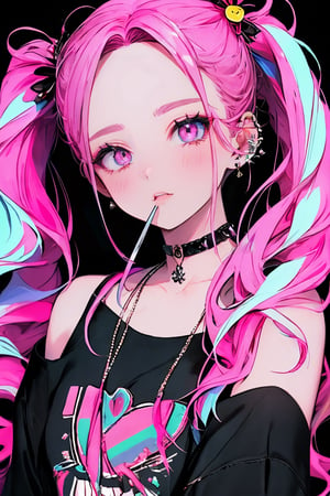 (masterpiece),,(best quality), 
1girl, solo, long hair, looking at viewer, blush, simple background, shirt, hair ornament, bare shoulders, twintails, jewelry, collarbone, upper body, pink hair, heart, choker, hairclip, hand up, pink eyes, off shoulder, nail polish, collar, bracelet, black shirt, piercing, ring, black background, ear piercing, pink nails, multicolored eyes, covering mouth, off-shoulder shirt, multicolored nails, nail art

 sneakers,High detailed ,masterpiece