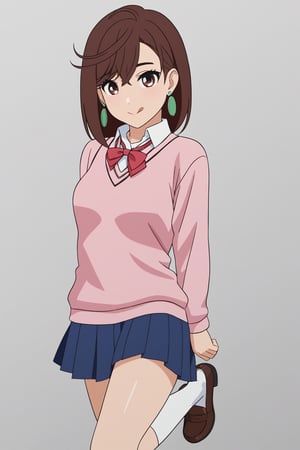 (masterpiece),(best quality), 

(closed mouth:1.1),  tongue out,  :p, akanbe,

skirt, school uniform, pleated skirt, shoes, socks, loafers, sweater vest, (pink sweater:1.5), shirt, white shirt, collared shirt, earrings, (green earrings:1.2), white stockings, blue skirt , (brown hair:1.2) brown eyes, 
