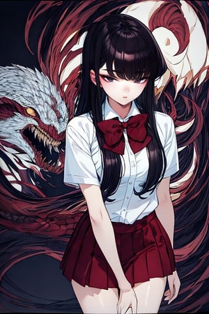  jigoku shoujo, (1girl:1.1),BREAK, 1 girl, portrait, masterpiece, (absurdres, highres, ultra detailed, infrared photography, demon effect:1.2),LINEART, More Detail,

mishaguji, eldritch abomination,mucha art style,bzillust, komi_shouko,

komi shouko, 1girl, solo, long hair, black hair, purple hair, purple eyes, school uniform, white shirt, short sleeves, collared shirt, bowtie, red bow, striped bow, red skirt, shoes, black pantyhose, Standing with hands on the waist, perfect eyes, (upper body:1.4),
(sexy thigh:1.6), 
