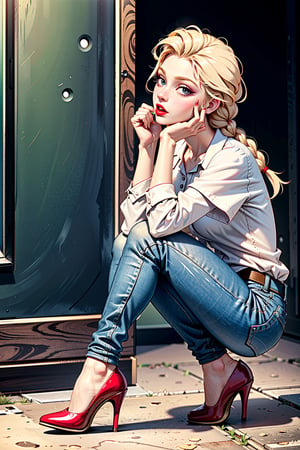 Elsa frozen, walking, high heels, jean pants, from side, makeup, red lips, look at the viewer, pantyhose under jean, knee, hands on ground