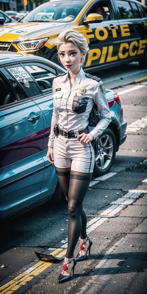 1girl, Elsa in cop uniform, high heels, full body, from above view, serious face, one cop car, city center background, the siren of the police car is on, normal Hands size, normal fingers size, one cop car, midnight, pantyhose, pants,