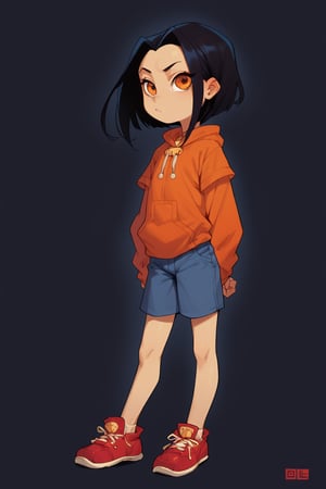 score_9, score_8_up, score_7_up, score_6_up, score_5_up, score_4_up, Loli, skinny, Jade Chan, orange eyes, black hair, dark gray background, stands straight, 

,