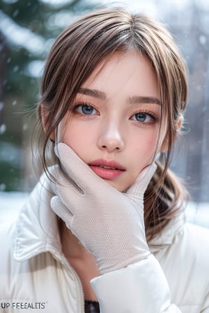 1woman, (up of face:2.0), light brown hair, Blunt bangs, hair behind ear, long_ponytail, Ultra Fine Face, Thin face, Delicate lips, (beautidful eyes:1.5), thin blush, eyes are light brown,View here, Ultra-thin hands, Ultra-fine fingers, best ratio four finger and one thumb, white longcoat, muffler , gloves、Coniferous forest with heavy snowfall, It's snowing  .One-person viewpoint,  8K, masutepiece, nffsw, Super Detail, High quality, Best Quality, hight resolution,