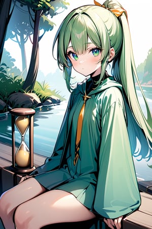 1girl, {{ background: woods and river }}, wearing light green wizard costume,  {{ light green high pony hair }}, sitting next to river, natural light, close up shot, slim legs, hourglass_figure, looking_at_viewer, barefoot, 