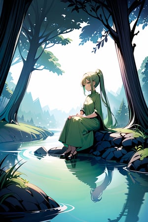 1girl, {{ background: woods and river }}, wearing light green wizard costume,  {{ light green high pony hair }}, sitting next to river, natural light, wide shot, slim legs, hourglass_figure, looking_at_viewer, 