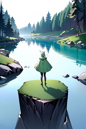 1girl, {{ background: woods and river }}, wearing light green wizard costume,  {{ light green high pony hair }}, standing next to river, natural light, wide shot, slim legs, hourglass_figure, 