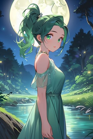 1girl, {{ background: woods and river }},   {{ green high pony hair }}, moon light, close up shot, slim legs, looking_at_viewer, barefoot, mature woman, night time, wide shot, white and green dress