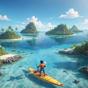 A cartoon kayaker paddling through crystal clear waters with a tropical island in the background.