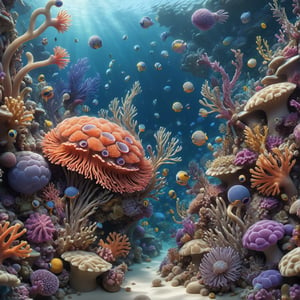 Dive into the intricate details of a hidden underwater world. Focus on a specific section of the reef, showcasing the fascinating textures and patterns of coral formations, anemones, and tiny marine life. Bubbles cling to delicate coral branches or dance playfully amidst anemone tentacles, creating a sense of intimate discovery.6 inch cartoon style masterpiece image of 