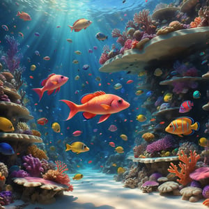 Photorealistic: A vibrant undersea panorama showcasing a pristine coral reef teeming with colorful fish darting in and out of vibrant coral formations. Gentle sunlight filters through the clear water, casting shimmering reflections on the surface and painting the scene with a warm glow. Tiny bubbles gracefully ascend from the reef, adding a touch of whimsy and movement.