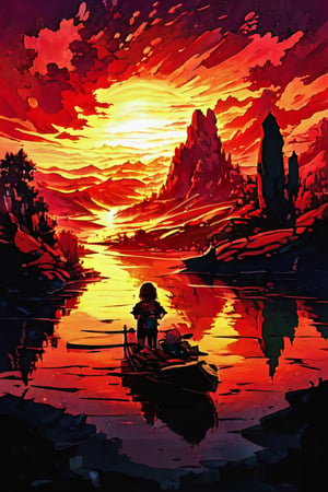 A 12X16 inch cartoon style masterpiece;  a work of art that combines different elements from the scene, such as painting the kayaker and the reflected sunset in a musical style.