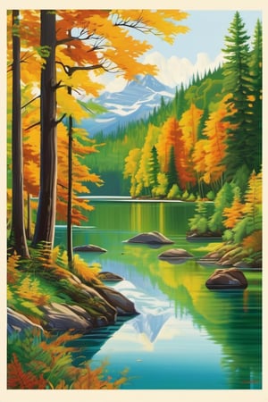 Create a vivid ideogram capturing the essence of a serene hiking experience, featuring a lush forest of towering trees overlooking a tranquil lake. Convey the spirit of adventure and the natural beauty that unfolds during a peaceful hike surrounded by the harmonious blend of greenery and water.