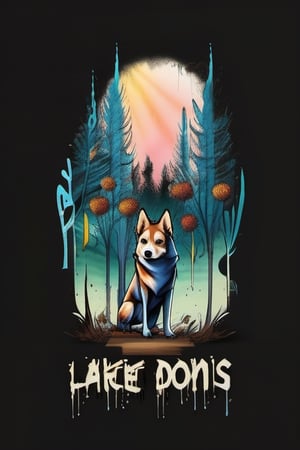 a visually stunning design featuring a dog in minimalist ink drawing style, capturing the essence of the flowers, with a vanishing point perspective and a tree background. Incorporate vibrant watercolor splashes and dripping effects to add an artistic touch. An impeccable composition and use a 3D font to bike for a striking typographic element. Infuse elements of anime for a unique twist. The overall design d be simple yet captivating, utilizing a minimalistic approach to create a visually appealing and memorable design. The design should be in portrait orientation and fit within a 12x16 inch canvas.