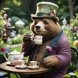 A whimsical scene of a giant bear wearing a top hat and sipping tea at a garden party.