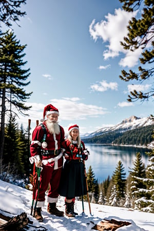 Santa Claus hiking in the pine forest on bright sunny day with lake in background. Holding hiking sticks in hands. Portrait, photography.