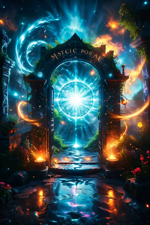 Mystical portal, swirling vortex, glowing symbols, radiant light beams, enchanted gateway, cosmic energies, positive emotional, hyperdetailed ,ultra-detailed realistic, Perfect Composition, magical ambience, ,Enigmatic details, Vibrant colors, wallpaper art, sign with the word " Mystical Portal"