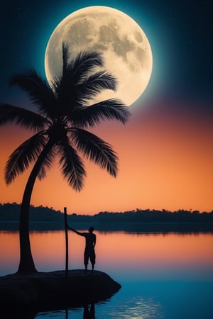 a dark night, a small island, big bull moon, milky way, two crossed coconut trees, big full moon, campfire, people dancing, enjoying, water reflections, hyperrealistic water,  detailed, uhd, dslr,  scenery,outdoors,night