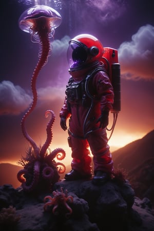 wired cyborg fishtank-head, person in Red Vintage tracksuit standing on a mountain top, hands reachinng to heaven, with a fishtank as head with a small dark-purple translucent octopus made of technical parts and wires in it, closeup,
atmospheric haze, Film grain, cinematic film still, shallow depth of field, highly detailed, moody, epic, photorealistic, atmospheric lighting, billowing cloud backdrop with volumetric lighting from within ,