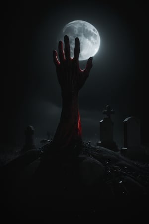 dark photo of bloody hand rising up from ground in cemetery at night, cinematic horror, detailed skin textures, dramatic shadows under moonlight, high resolution