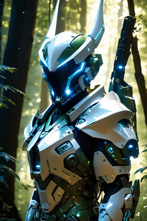 a Sci Fi cyberpunk high tech techware robot armour wear mask helmet like genji overwatch, high tech horn, with beige exoskeleton and blue glowing lights, gazing up in wonder in a tall forest with light rays pouring through the green canopy, cyberpunk art, masterpiece, dramatic, best quality, Detailed and ultra realistic, sharp focus, studio lighting, High resolution, High detail, remarkable color, full body view,