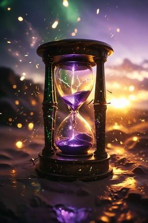 A floating, golden hourglass filled with shimmering, liquid light instead of sand. Within the glass, tiny lightning bolts flicker and dance, illuminating the hourglass with a mesmerizing glow. The outer surface is engraved with glowing runes, pulsating with energy. The scene is bathed in a warm, radiant light, with hints of green and purple hues reflecting off the glass. Masterpiece quality, highly detailed, enchanting, and magical