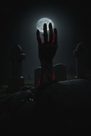 dark photo of bloody hand rising up from ground in cemetery at night, cinematic horror, detailed skin textures, dramatic shadows under moonlight, high resolution