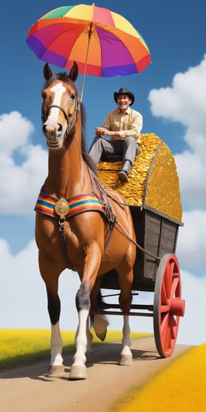 A proud horse pulling a cart of gold coins, the colors of heaven, the colorful brilliance, the extremely happy man