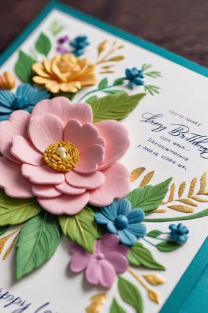 A stunning birthday card for a loving wife, adorned with a vibrant array of flowers surrounding the text. At the center of the card, a large bouquet of varius flowers. Surrounding the bouquet, a variety of delicate blooms dance playfully around the edges, adding a touch of whimsy and sophistication. Pale green foliage provides a crisp contrast against the vivid colors, while long, willowy tendrils of ivy curl gracefully up towards the top of the card, creating a sense of movement and energy. The card's background is a soft, pastel shade of blue, reminiscent of a summer sky, further enhancing the overall serene and romantic atmosphere. The message "Happy Birthday, my love" is written in a flowing script, accentuated with a gold leaf border, inviting the recipient to pause and cherish the sentiment behind the beautifully crafted card.