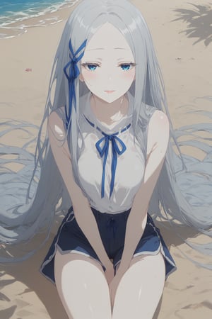 Expressiveh,
kjopandora, 1girl, solo, long hair, hair ribbon, blue ribbon, shorts, sleeveless shirt, beach,, score_9, score_8_up, score_7_up, score_6_up, score_5_up, score_4_up,