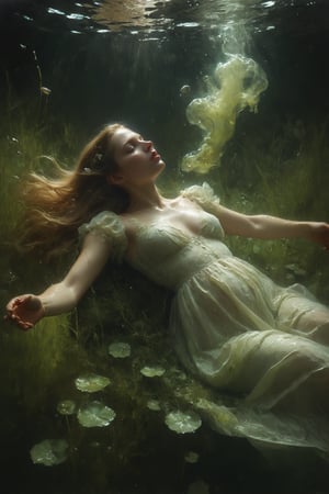 Ophelia's dream, Low saturation color photography, vintage, grunge, top light, masterful painting in the style of Anders Zorn | Marco Mazzoni | Yuri Ivanovich, Todd McFarlane, Aleksi Briclot, oil on canvas