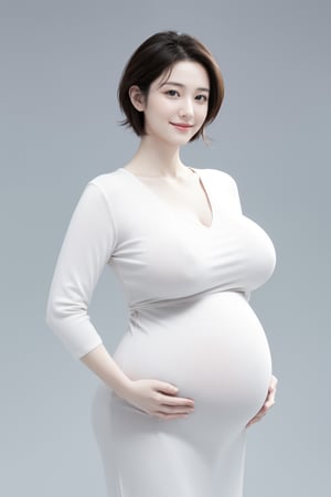  ((standing, upper body)), solo_woman, YUKO, 40 week pregnancy wife, huge_belly_pregnant, short-hair, smile, huge_tits, huge_hips, no_background, business matanity clothes,