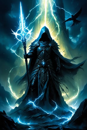 concept art hidden face, mysterious, hooded, full body, dark enigmatic warrior, standing, storm of falling shards, glowing ethereal giant heavy thick sword in hand, warriorâs intricate armor, tattered cloak that billows in the wind, atmosphere is charged with an otherworldly energy, fantasy realism, dramatic lighting, detailed textures to bring the scene to life, , ,  . digital artwork, illustrative, painterly, matte painting, highly detailed