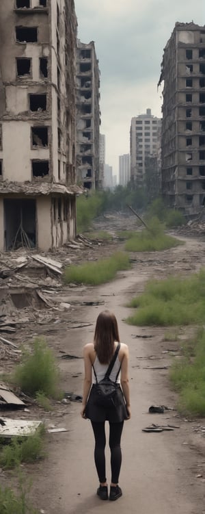 Panoramic photo, a girl, back view, gun on the back, end of the world, city destroyed by war, dilapidated high-rise buildings, overgrown streets