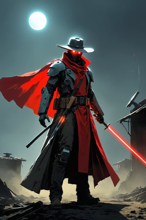  concept art , 1man, solo, post apocalypse outfit, red cape blowing in the wind, cowboy hat, robot arm, trench coat, mechanical mask, glowing chest, glowing eyes, holding katana, 