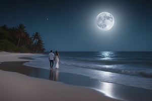 Romantic image of a couple walking on the beach on a full moon night, 8k resolution, natural light, high detailed, masterpiece, full body, centered