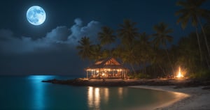 a dark night, a small island, big bull moon, milky way, two crossed coconut trees, big full moon, campfire, people dancing, enjoying, water reflections, hyperrealistic water,  detailed, uhd, dslr,  scenery,outdoors,night