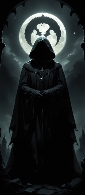 rating_safe, solo, dark silhouette, unholy, sinfully, wicked, ritual, dark night, pitch_black, hood, cloak, aura, witchcraft, mysterious, best quality, realistic, highly detailed