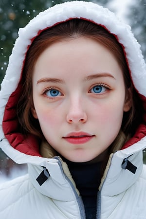 photo r3al, detailmaster2, masterpiece, photorealistic, 8k, 8k UHD, best quality, ultra realistic, ultra detailed, hyperdetailed photography, real photo, realistic eyes, solo female, snowing, winter, white winter jacket, hood, photorealistic, real photo, 8k, realistic eyes, detailed face, upper body, facing viewer, pale skin, daylight, outdoors, 30 years old, cute, looking towards the sky, ,lis4,yeji