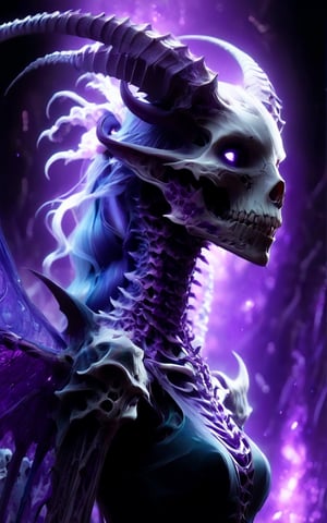 high quality, 8K Ultra HD, Imagine a hauntingly beautiful demonic female figure in the eerie atmosphere of a castle, Clad in dark attire that blends with the shadows, she emanates an unsettling crystalline ice skeleton of an undead zombie dragon on the bioluminescent purple galaxy, soft lighting, sharp focus, by Marc Simonetti & Yoji Shinkawa & WLOP, paint drops, rough edges, trending on artstation, studio photo, intricate details, highly detailed,DracolichXL24 bioluminescent Purple galaxy, bones, neck vertebrae, curved wings, soft lighting, sharp focus, by Marc Simonetti & Yoji Shinkawa & WLOP, paint drops, rough edges, trending on artstation, studio photo, intricate details, highly detailed,DracolichXL24, ((look at the viewer))