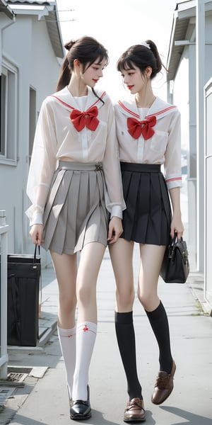 masterpiece,extremely_absurtiy,nsfw,nude,tree,morning,walking togther,alley,multiple girls,2girls,bag,smiling,house,skirt,clothes around waist,school uniform,scrunchie,ponytail,smile,brown hair,bow,shirt,bowtie,shoes,school bag,looking at another,white shirt,blush,white_stocking,outdoors,hair scrunchie,pleated skirt,hair ornament,brown footwear,long hair,standing,bangs,collared shirt,black bow,black bowtie,yuri,sleeves rolled up,sweater around waist,black hair,shirt,black skirt,;\,,ruanyi0249,Transparent sailor suit