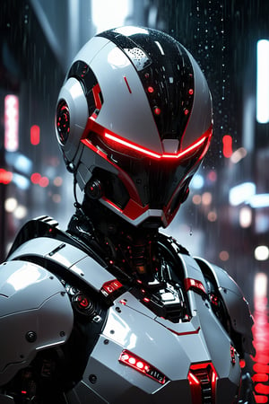 the photo shows a close-up of a humanoid robot or person in an advanced suit of armor. The design is sleek and modern, with red and white accents on a mostly black and gray base. It appears to be raining, as water droplets can be seen on the surface of the armor, the subject is either a robot or a person in a futuristic suit of armor, characterized by its sleek shape and intricate details, the helmet has red, viewfinder-like eyes, giving it an intense and focused look, water droplets can be seen on the surface, indicating that it is raining, in the background, blurred lights suggest an urban environment at night, the armor is highly detailed, with lines and patterns that suggest advanced technology,