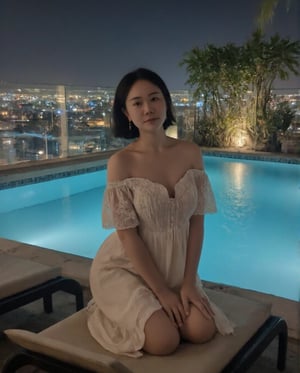 Masterpiece, 8k, HDR, 3D, best quality, photography, analog style, real life, extremely beautiful, highly detailed, intricately detailed, alluring eyes.

A stunning Asian woman (peipeiL) with short hair and a voluptuous figure kneels gracefully on a beach chair by the rooftop infinity pool at night. She wears a cute, off-shoulder sundress with delicate floral designs, the fabric flowing softly around her as she poses. The serene night scene, with city lights shimmering in the background, enhances the peaceful yet enchanting atmosphere, while her pose on the beach chair adds an element of casual elegance.