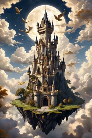 Floating castles,in the air,Castle cloud fusion,
 medieval European-style castle rests upon a floating island in the sky, constructed with ebony and adorned with lavish golden accents. The dark, opulent tones of the blackwood contrast magnificently with the gleaming gold embellishments, creating an ethereal and majestic spectacle. The architectural beauty of the castle is elevated by its celestial perch, making it a symbol of both strength and elegance suspended amidst the heavens.,island,itacstl,mythical clouds