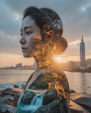 High quality, 8K Ultra HD, a mesmerizing double exposure featuring the silhouette of PeipeiL as a goddess. She has short dark hair and piercing blue eyes, her elegant form illuminated by the vibrant image of a sunset coastline. The coastline, with its golden sunset, soft waves, and distant horizon, is intricately woven into her silhouette, creating a striking fusion of natural beauty and divine grace. Sharp lines define her figure, providing a clear distinction between the vivid coast within and the world around her.

The background showcases the faint city lights of Taipei in the distance, softly glowing against the dusk. Taipei 101 stands tall, slightly blurred to focus attention on PeipeiL's radiant form, but still clearly recognizable as a symbol of the city. The gentle glow of the urban lights contrasts beautifully with the vivid sunset inside her, representing the harmony between nature and the bustling modern city. The double exposure effect, combined with sharp focus, creates an awe-inspiring, contemporary masterpiece, blending the natural and urban elements in perfect balance.,street