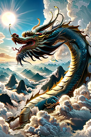 Majestic scene of 'The dragon soars in the sky' from the I Ching, magnificent Chinese dragon, detailed and vibrant, soaring above clouds, symbolizing apex of achievement, elegant winding body, strength and grace, awe-inspiring backdrop of clear blue sky and fluffy white clouds, highlighting ascendant position and celebrated status, by FuturEvoLab, (Masterpiece, Best Quality, 8k:1.2), (Ultra-Detailed, Highres, Extremely Detailed, Absurdres, Incredibly Absurdres, Huge Filesize:1.1), vivid colors, dynamic composition