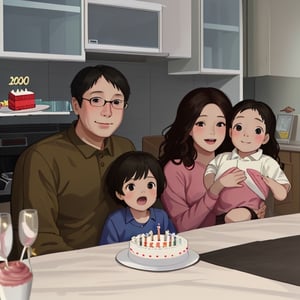 A family, the father and his little son are on the left, the mother is holding her daughter on the right, the father and mother are both young, and the mother is very beautiful, celebrate birthday, There is a birthday cake on the table