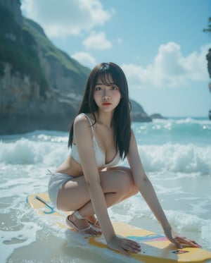 Masterpiece, 8k, HDR, 3D, best quality, photography, analog style, real life, extremely beautiful, highly detailed, intricately detailed, alluring eyes.

In the center of the scene, a stunning Asian woman (1girl) with long black hair is captured mid-action as she surfs through powerful ocean waves. Her physique is both graceful and athletic, with a full chest, a slender waist, and defined abs, accentuating her balanced stance as she crouches low on the surfboard. Her legs are bent with precision, her toned body poised and steady, preparing for the towering wave that rises dramatically above her.

The sunlight glints off the surface of the water, illuminating the translucent blue of the ocean. Waves crash around her, creating a dynamic, energetic scene as the sea's frothy edges shimmer in the sunlight. The high wave curls above, while the woman remains focused and calm, fully in control as she embraces the challenge of nature. The vibrant blue of the ocean contrasts with the warm golden rays of the sun, casting a brilliant glow over the entire scene, making it a breathtaking moment of skill and beauty in motion.