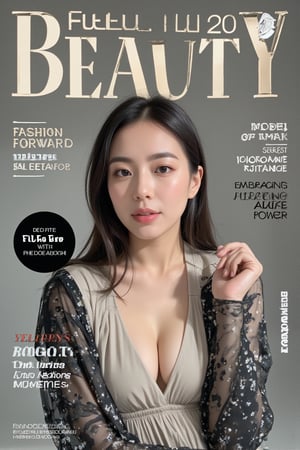 A high-fashion magazine cover featuring a close-up, upper-body shot of a beautiful Japanese female model with an enhanced bust size, confidently posing with elegance. Her sharp yet graceful facial features are highlighted, and she wears a stylish, modern outfit that accentuates her figure while maintaining a sophisticated and polished look. The background is a neutral gray with professional, magazine-quality lighting that enhances her photorealistic skin texture.

Across the cover, bold and stylish magazine text is displayed, including the title in elegant font: **"FuturEvoLab Beauty"** at the top. Other headlines include:
- **"Fashion Forward: The Future of Elegance"**
- **"Secrets to Confidence and Style"**
- **"Model of the Year: Embracing Allure and Power"**

The overall composition combines high-end fashion photography with captivating headlines that frame the model’s pose, drawing attention to her beauty and presence. The cover reflects sophistication, confidence, and modern fashion, with the FuturEvoLabBeautify aesthetic enhancing the visual impact.