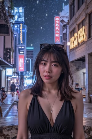 A futuristic cityscape with neon-lit skyscrapers and starry night sky serves as the backdrop for a serenity girl standing elegantly, her eyes directly addressing the viewer. Her gaze is serene, piercing, yet gentle, as if sharing a secret or seeking connection. The city's vibrant lights reflect off her curious expression, creating an ethereal glow around her face.